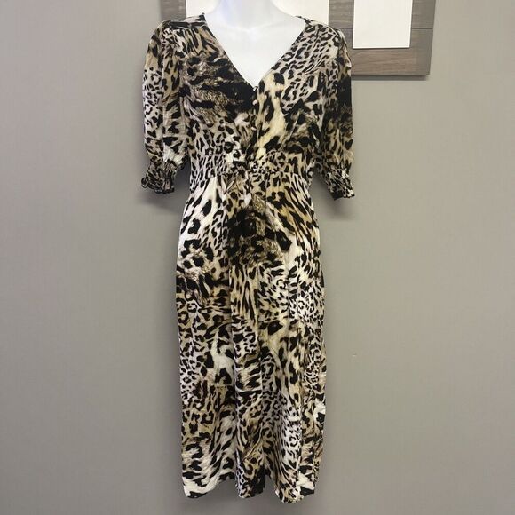Banana Republic Midi Dress Leopard V-Neck Elastic Waist Elbow Sleeves- Size 8 - Picture 1 of 13